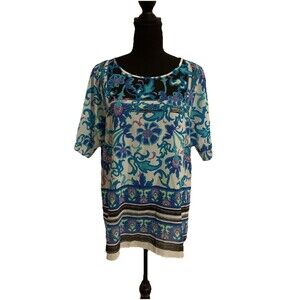 Chicos Size 2 Womens Large L Top Semi Sheer  Lightweight Colorful Short Sleeve